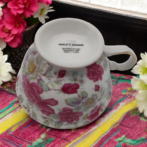 Grace's Teaware Victorian Charm Cup and Saucer Set Pink Floral Blooming Roses - Picture 3 of 11